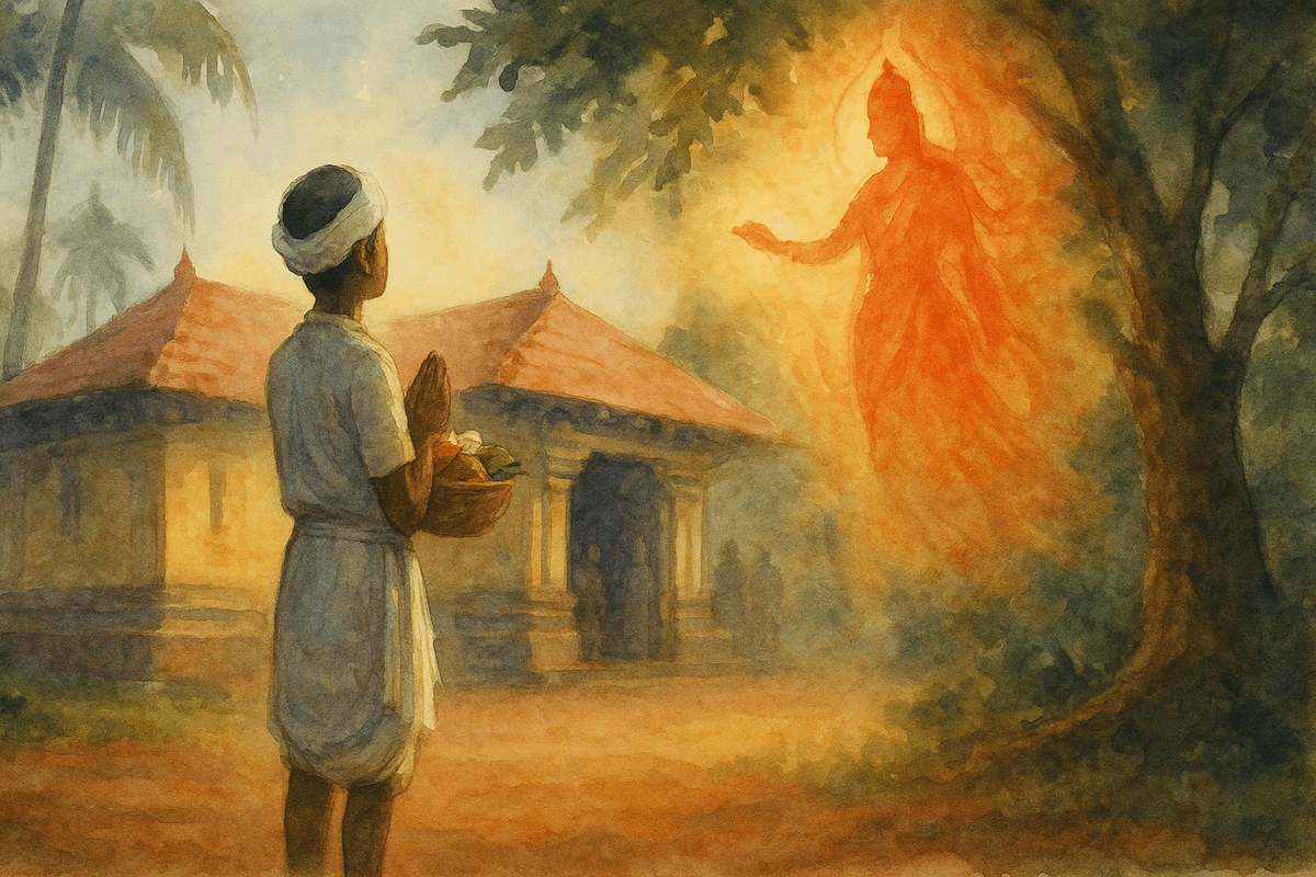 Thaniya at the shrine, barred entry, reaching toward the Muguli